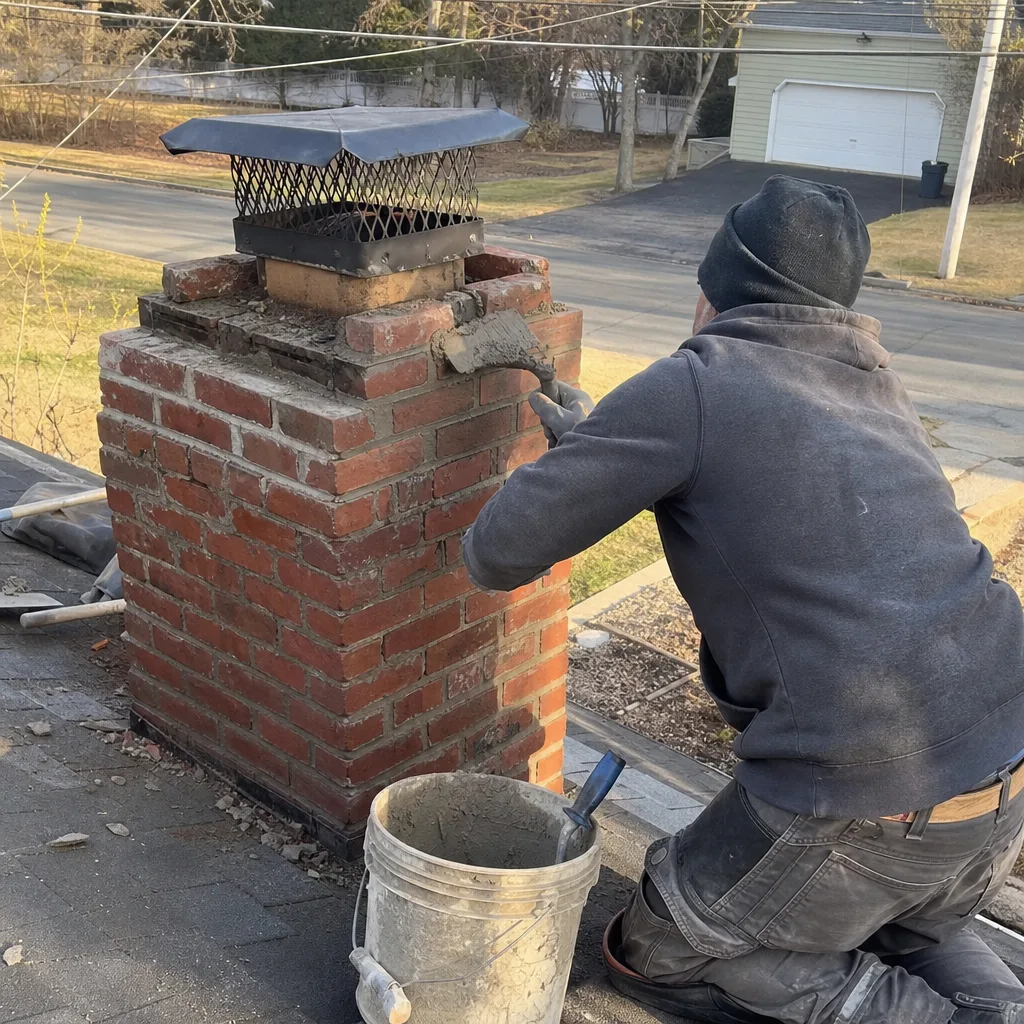 Professional contractor performing brick chimney repair and mortar work on a roof.