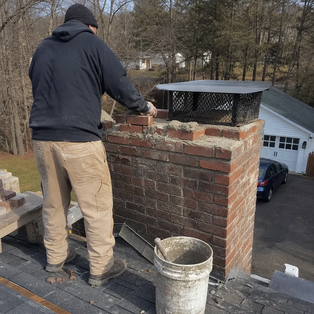 Professional bricklayer performing expert chimney repair on a residential roof.
