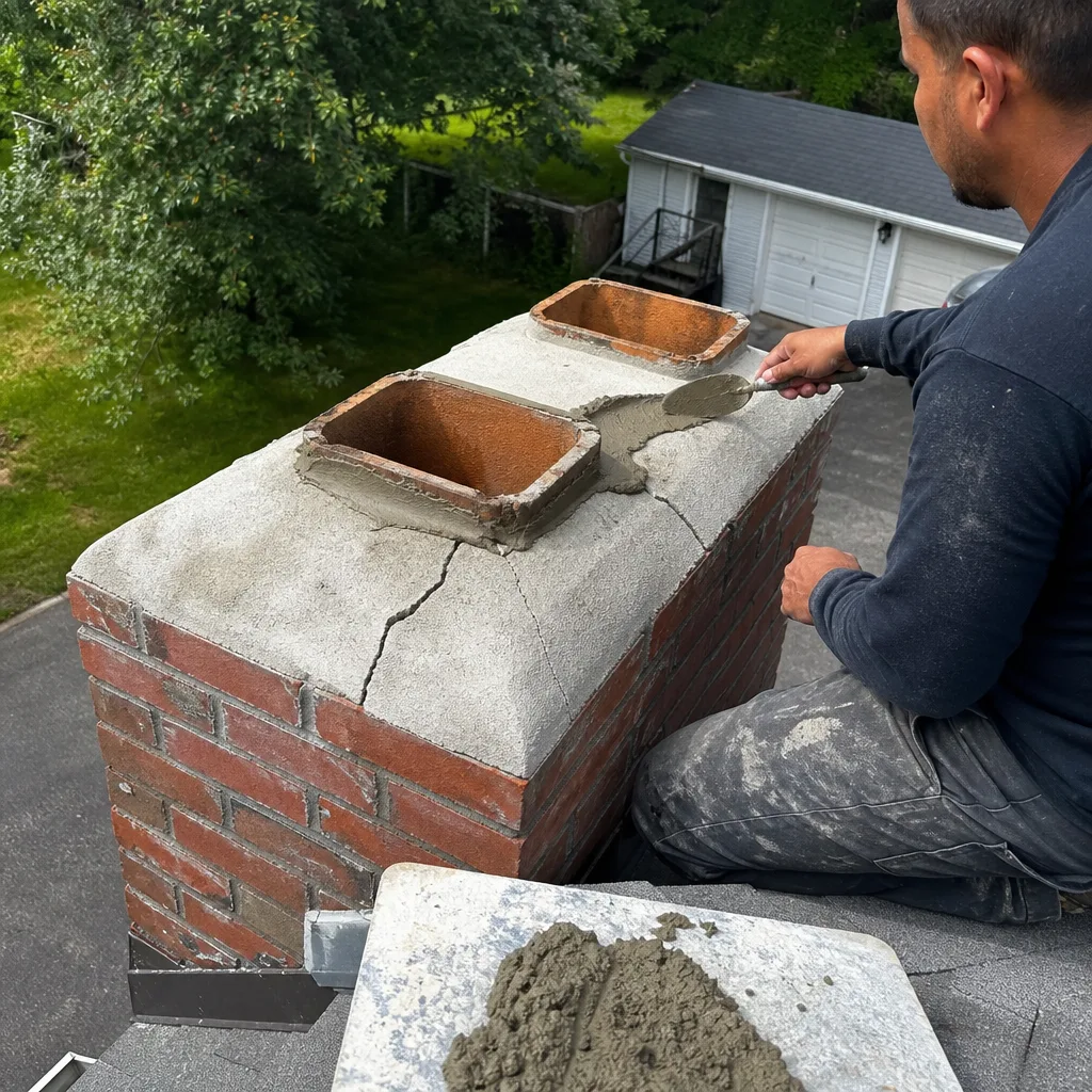 Professional technician performing brick chimney crown repair and masonry maintenance