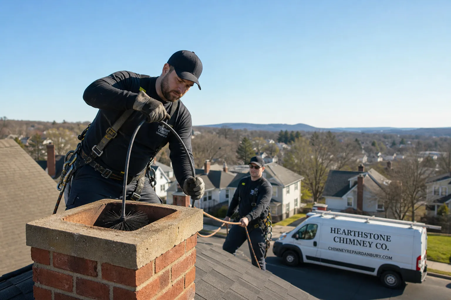 Hearthstone Chimney Co. chimney cleaning service vehicle and crew in Danbury, CT